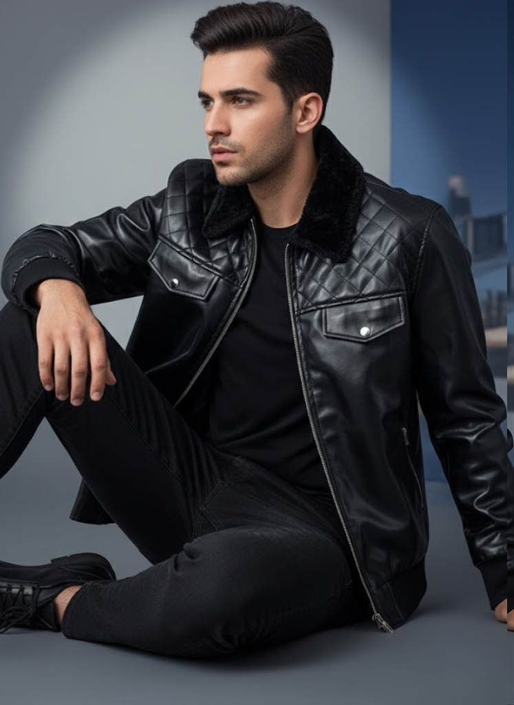 Men’s Fashion Bomber Leather Jacket with Double Front Pockets