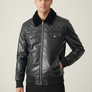 Men’s Fashion Bomber Leather Jacket with Double Front Pockets