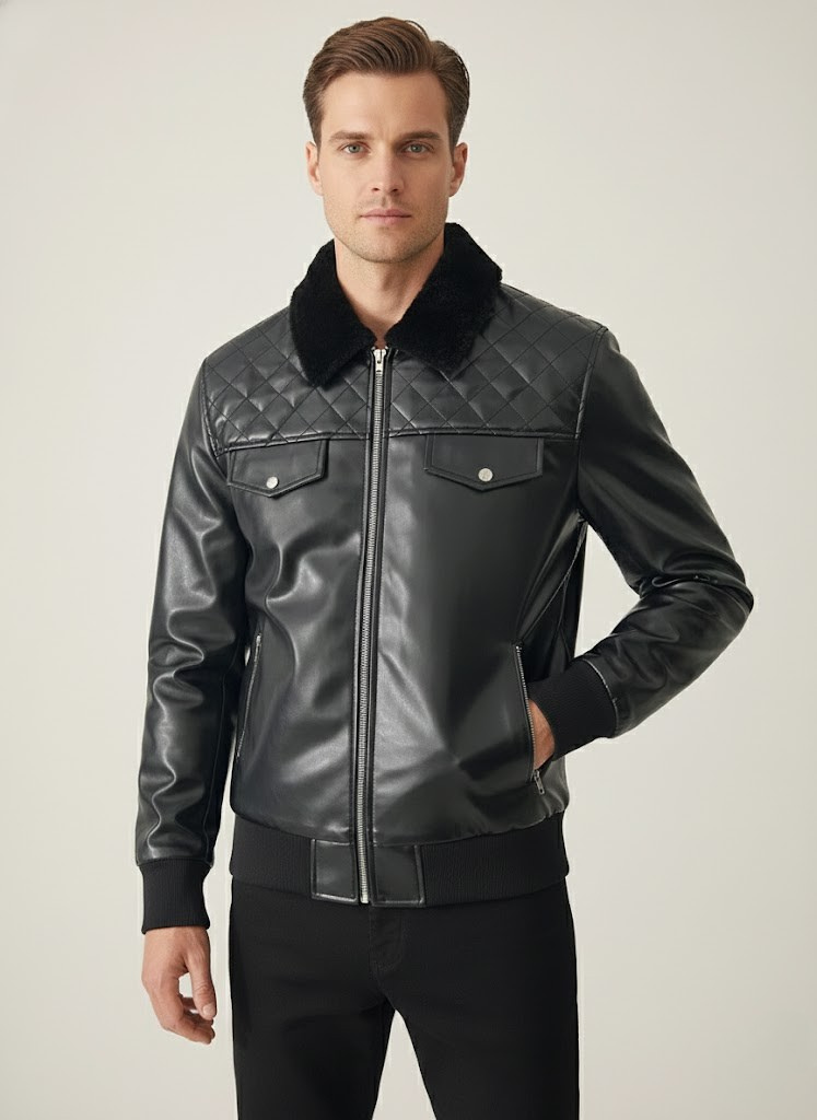 Men’s Fashion Bomber Leather Jacket with Double Front Pockets