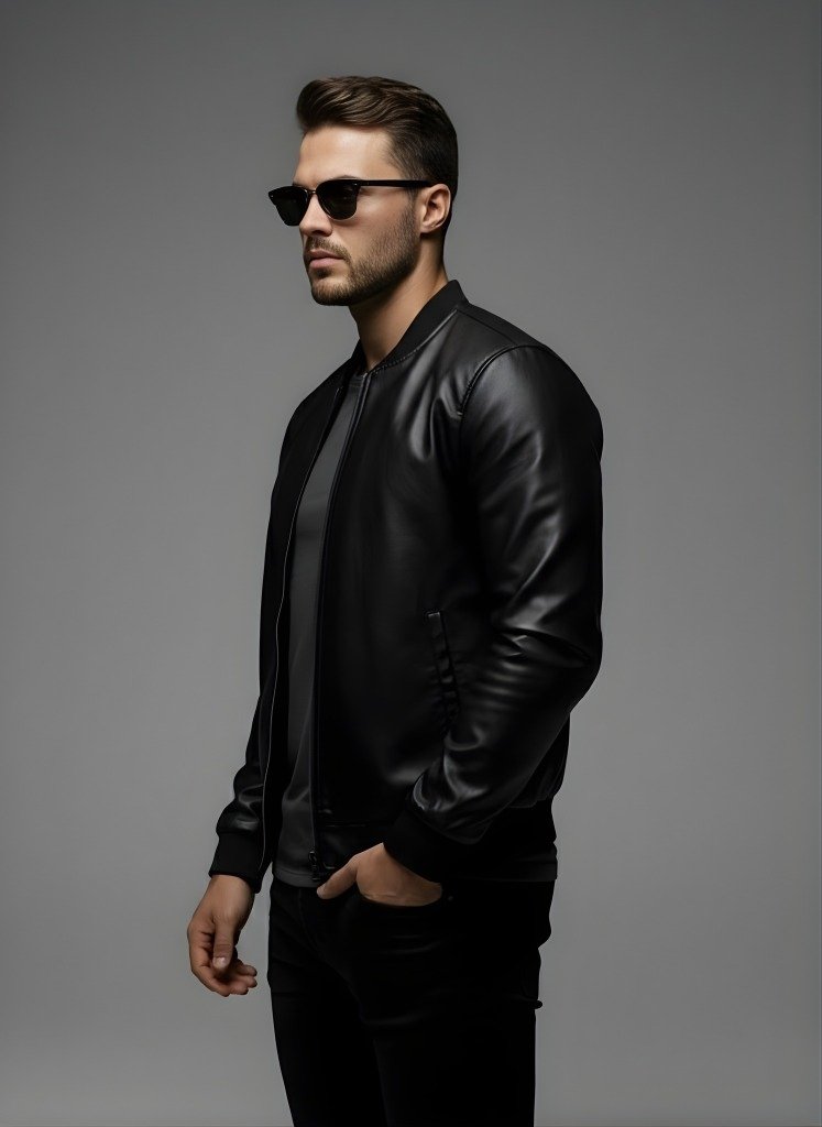 UrbanCore Faux Leather Classic Bomber Jacket front view classic bomber style