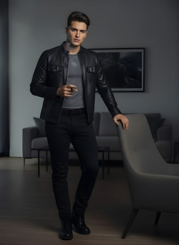 MOD Faux Leather Double Side Front Pocket Jacket front view with double pockets