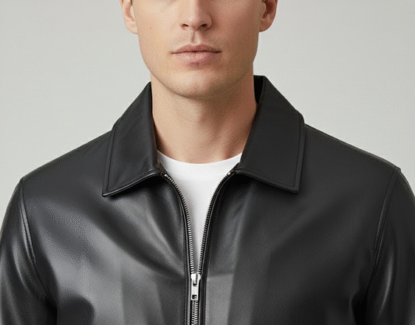 Men’s Fashion Bomber Faux Leather Jacket – Zip Detail Close-up