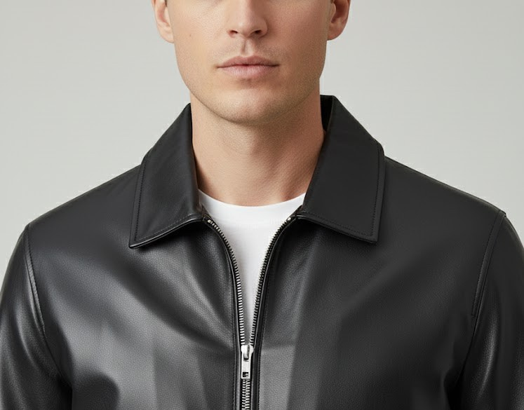 Men’s Fashion Bomber Faux Leather Jacket – Zip Detail Close-up