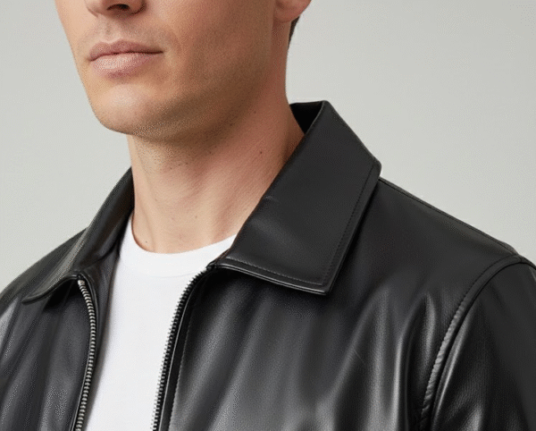 Men’s Fashion Bomber Faux Leather Jacket – Collar Detail