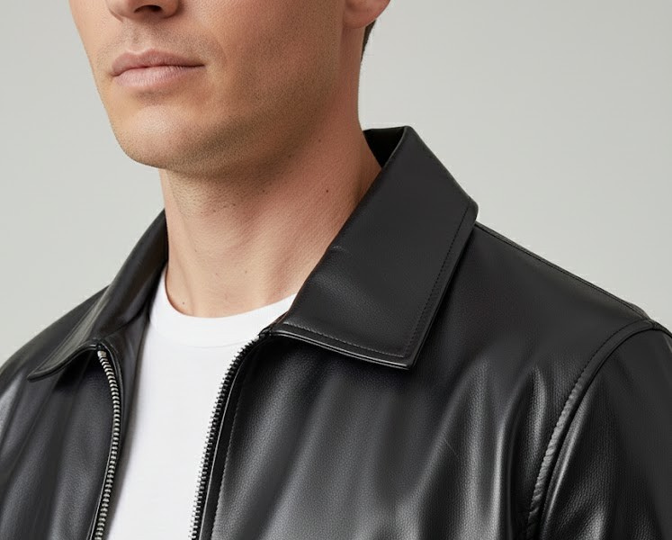 Men’s Fashion Bomber Faux Leather Jacket – Collar Detail