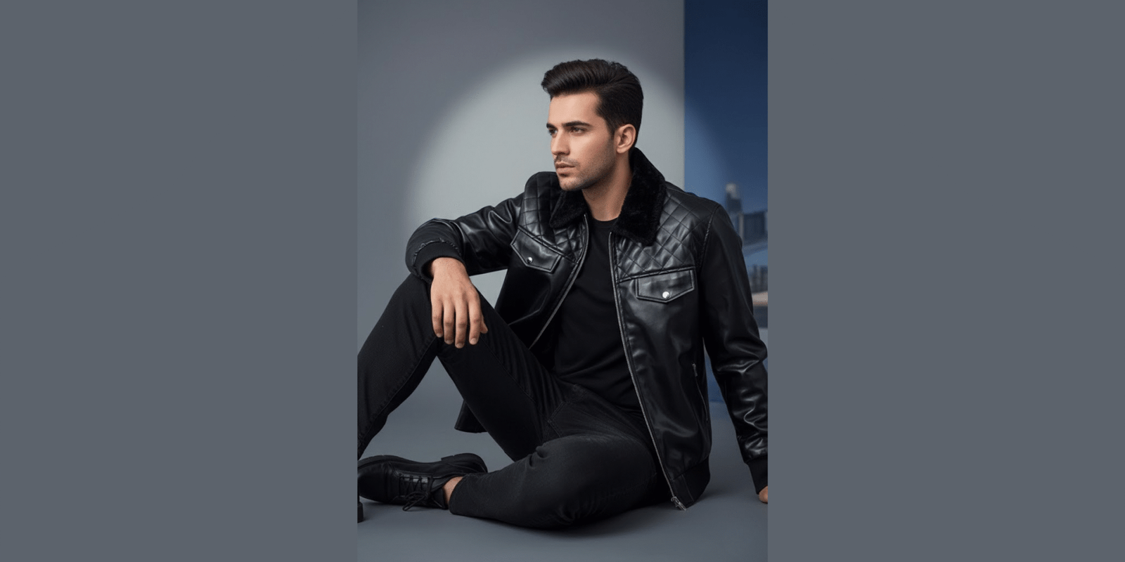 Men’s Fashion Bomber Leather Jacket with Double Front Pockets