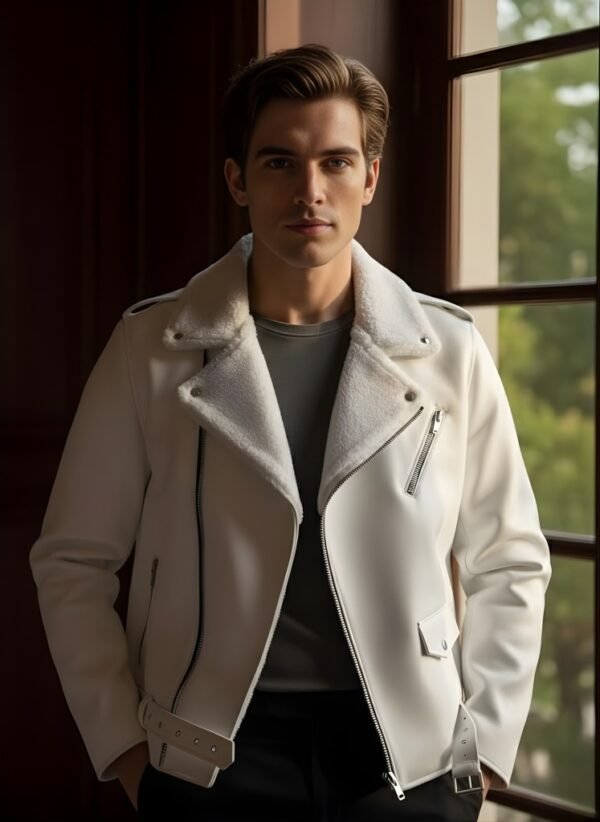 White Biker Faux Leather Jacket front view classic biker style