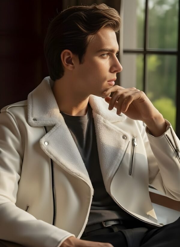 White Biker Faux Leather Jacket collar lapel close up