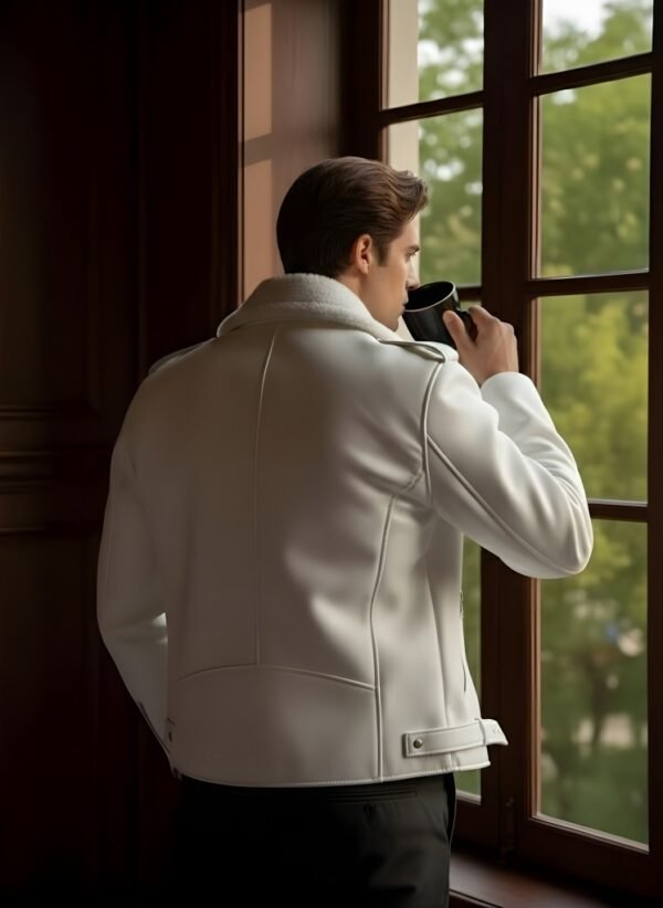 White Biker Faux Leather Jacket back view premium finish